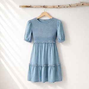 TEAL Chambray Smocked Blue‎ Tiered Puff Sleeve Dress Small